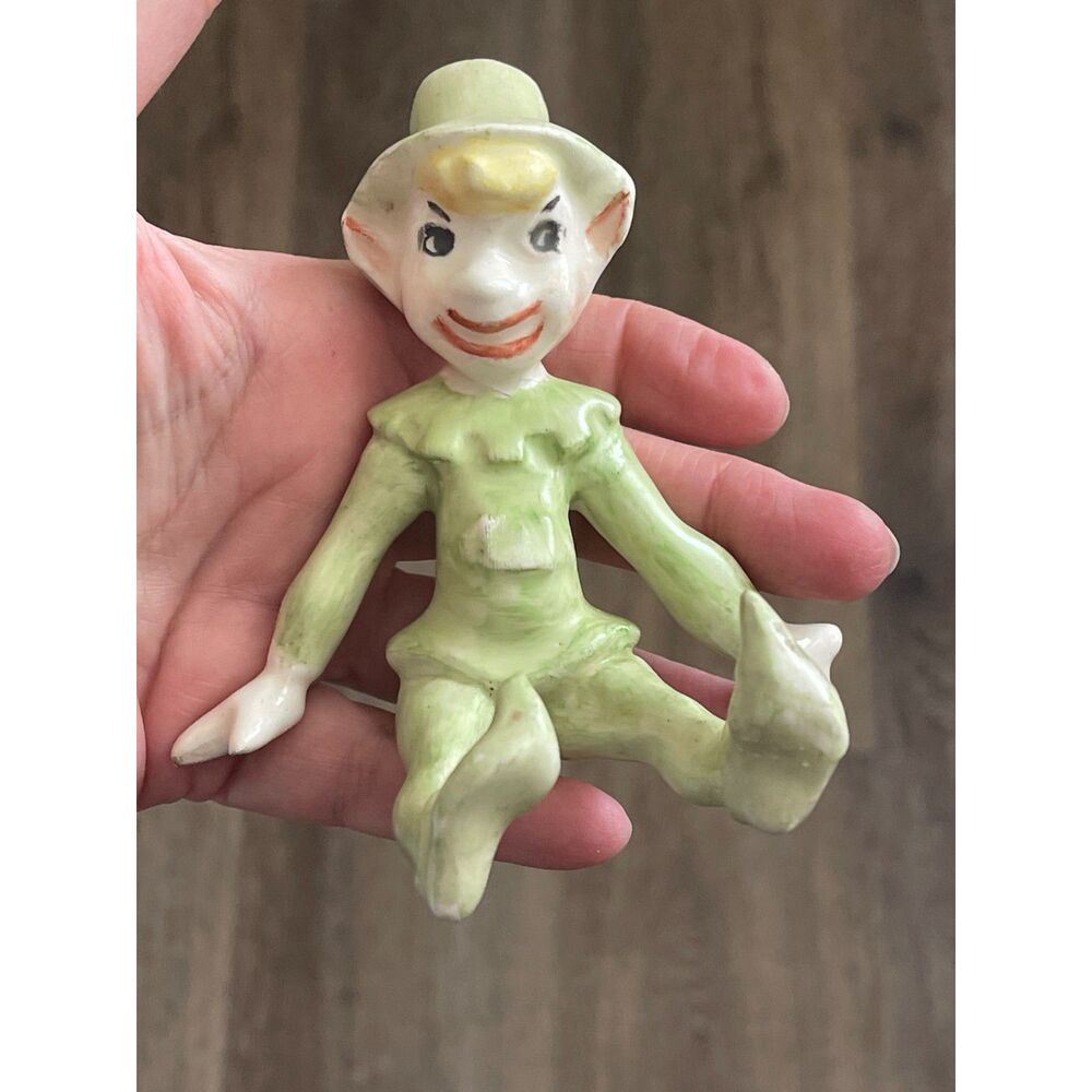 Vintage Pixie Elf Figurine Green Mid Century 1950s Japan Ceramic Hand Painted 5"